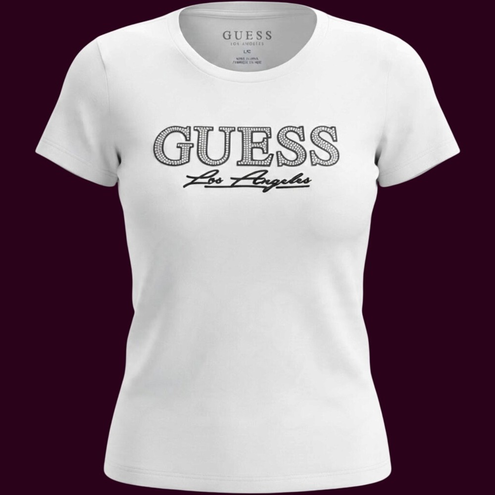 Guess T-Shirt Womens Large White Excellent Rhinestone Logo Los Angeles Tee